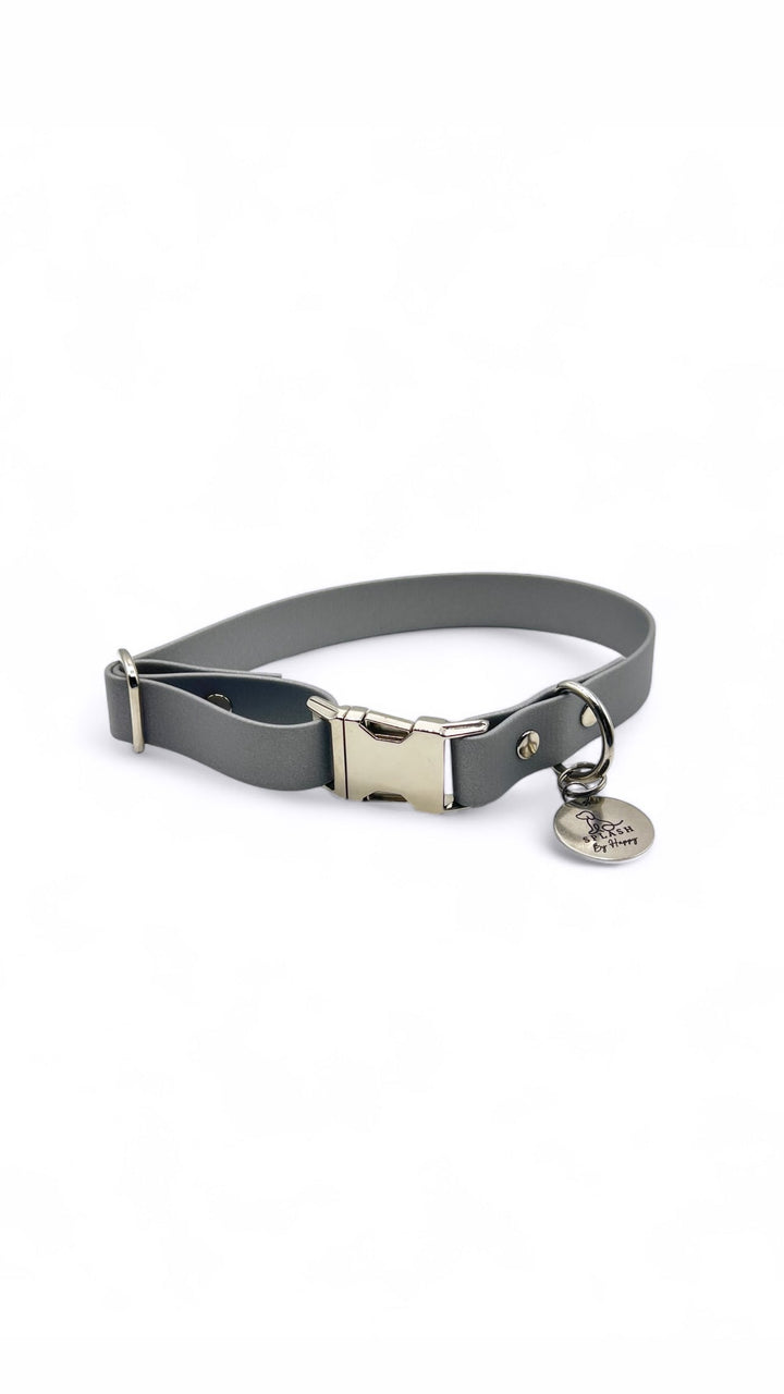 Collier argent chien biothane, fabriqué en France, avec clip de fermeture sécurisé et design moderne