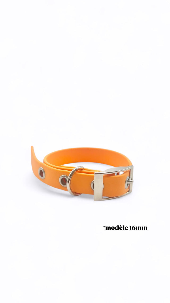 Collier orange en Biothane pour petit et grands chiens. Oeillets en acier inoxydable. Waterproof.