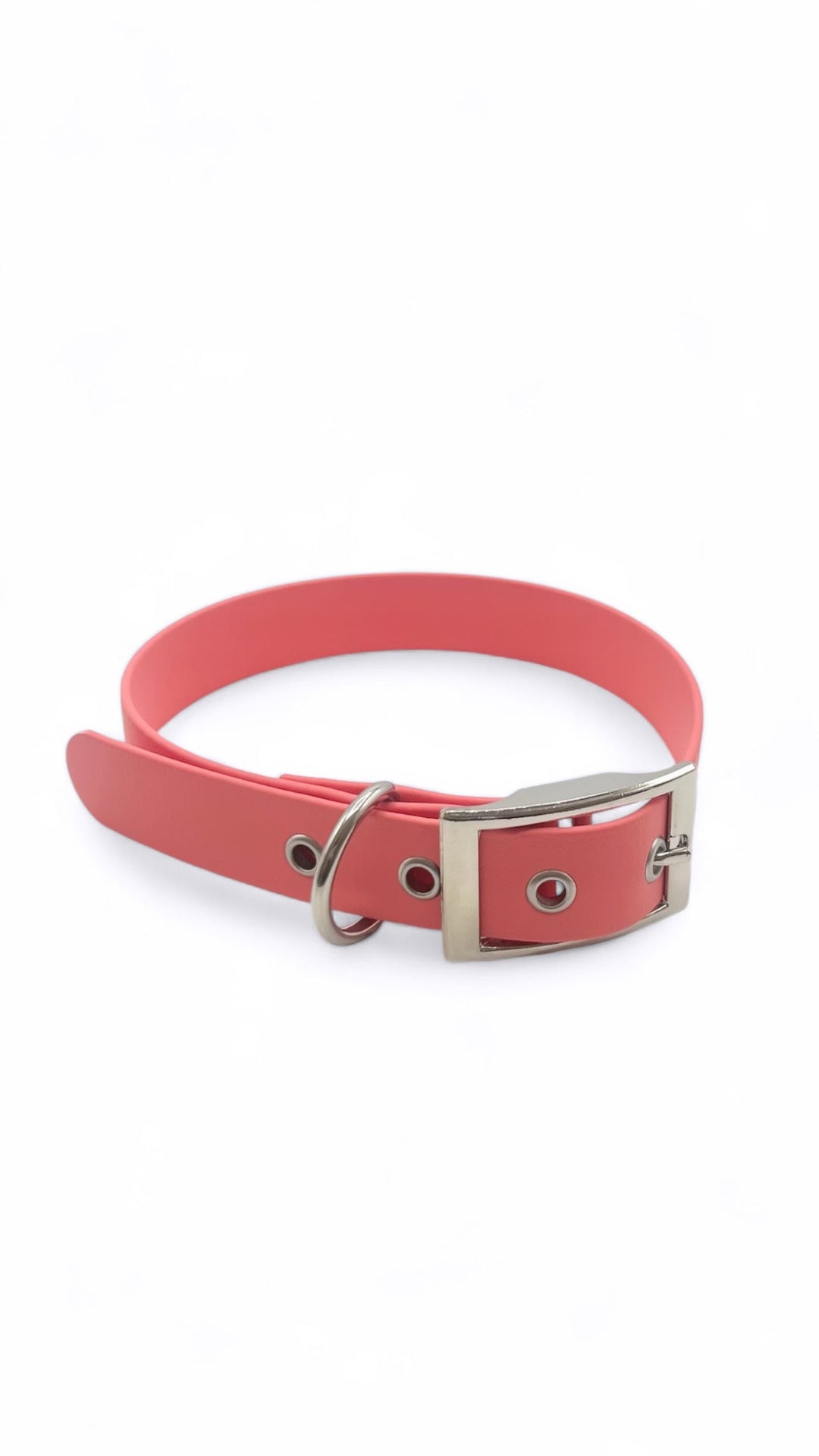 Collier à oeillets chien acier inoxydable rose corail. Biothane imperméable et facile à laver