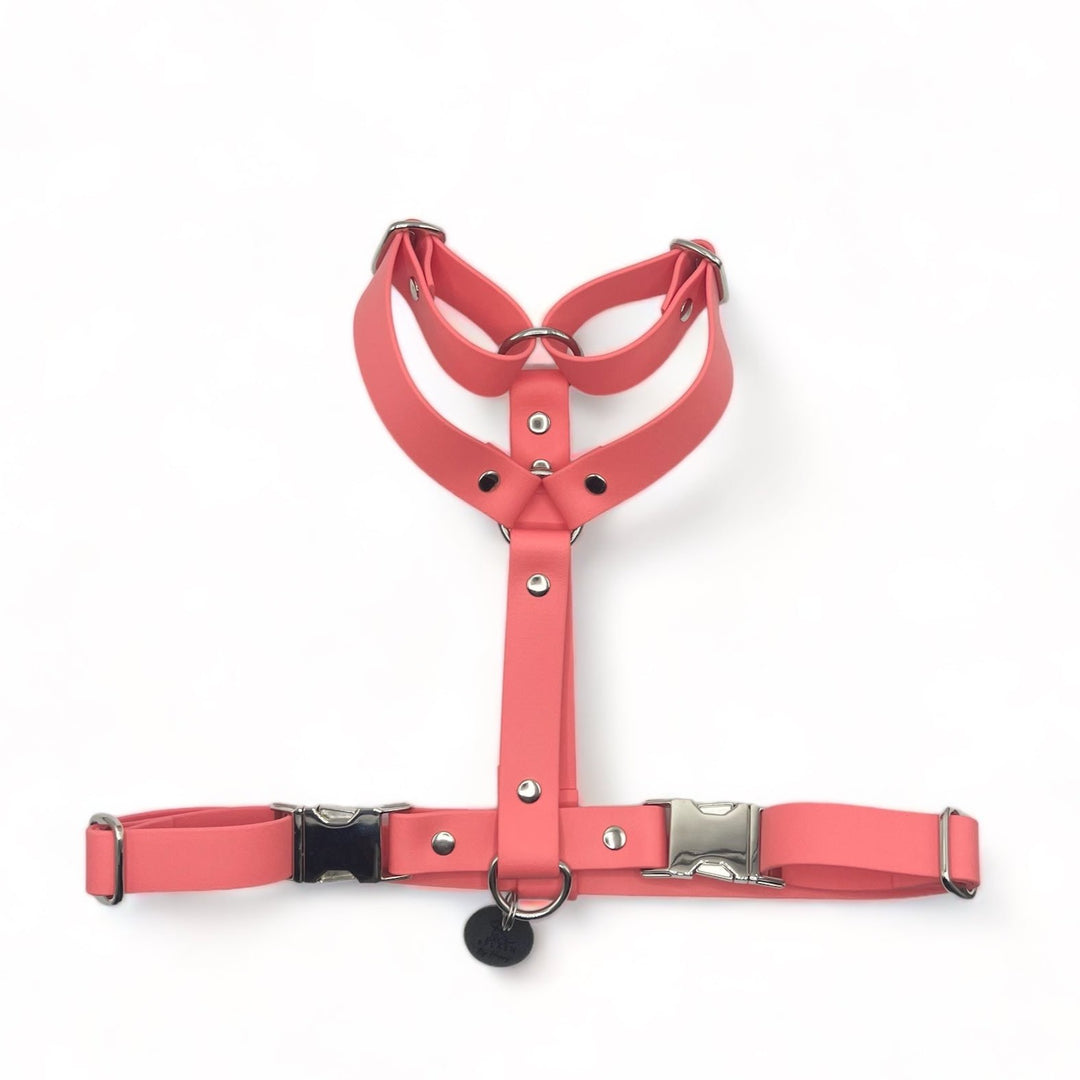 Harnais chien biothane rose corail résistant deux clips. Tendance et imperméable. 