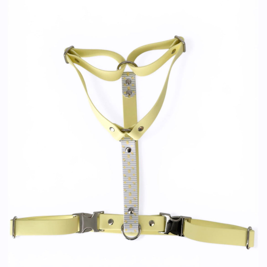 harnais jaune pastel en biothane pour chiens motif citrons
