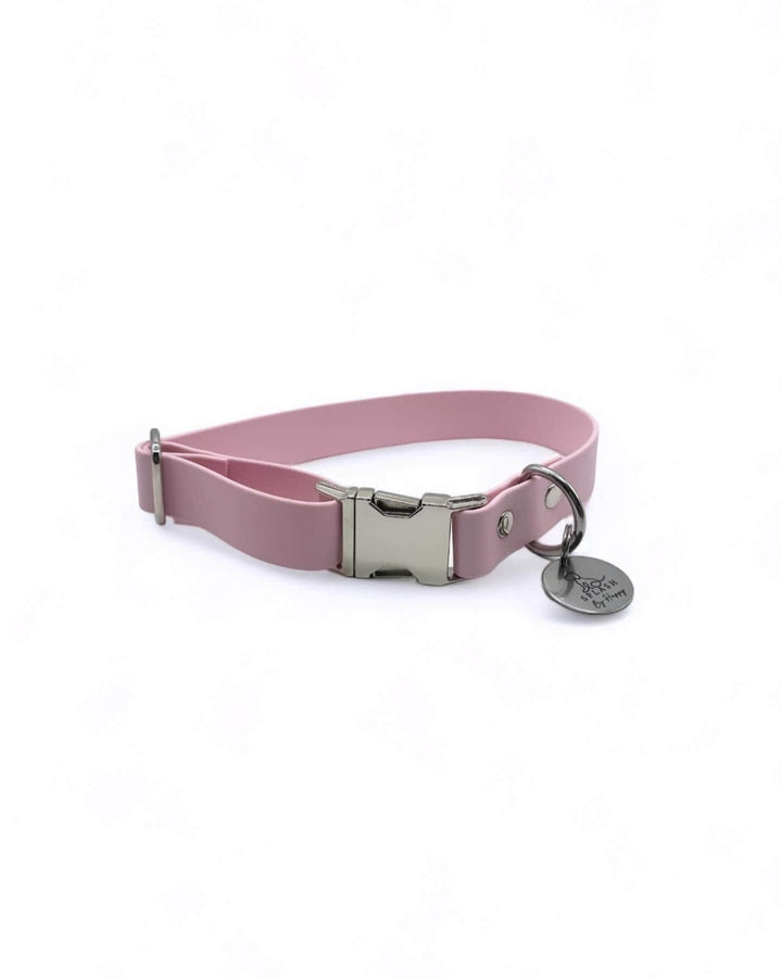 collier chien clip biothane rose pastel pour chien stylé. Matière imperméable