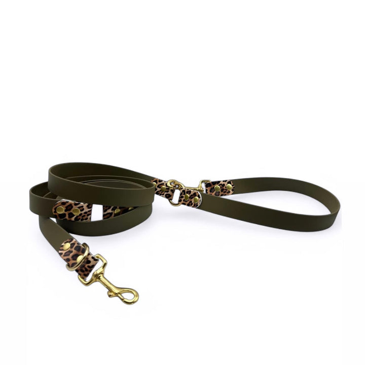 laisse multipositions biothane kaki léopard chien