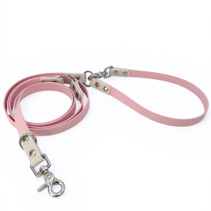 laisse multipositions rose avec motifs citrons et rayures bleues en biothane pour chiens